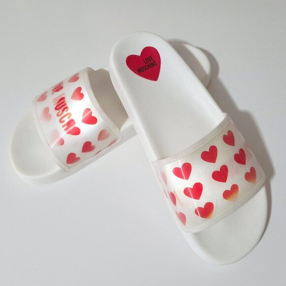 NWOT Love Moschino red & white heart print hologram flat pool slide sandals, 41 - Picture 7 of 16